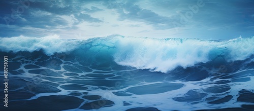 A captivating copy space image revealing crashing waves on the shore embraced by a vibrant skyline of brilliant blue hues