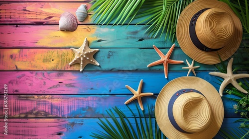 sea accessories beautifully arranged on a colorful wooden floor.