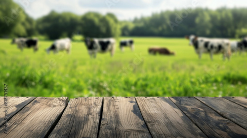 Rustic wooden table overlooking a serene meadow with grazing cows. Copy space. Generative AI 