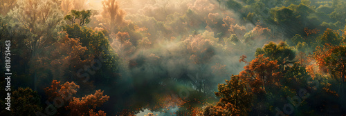 Enchanting Aerial View of Lush Forest Bathed in Morning Light