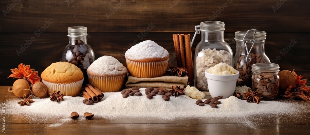 Cupcake ingredients include sugar eggs butter baking powder flour cinnamon walnuts and molds. Creative banner. Copyspace image