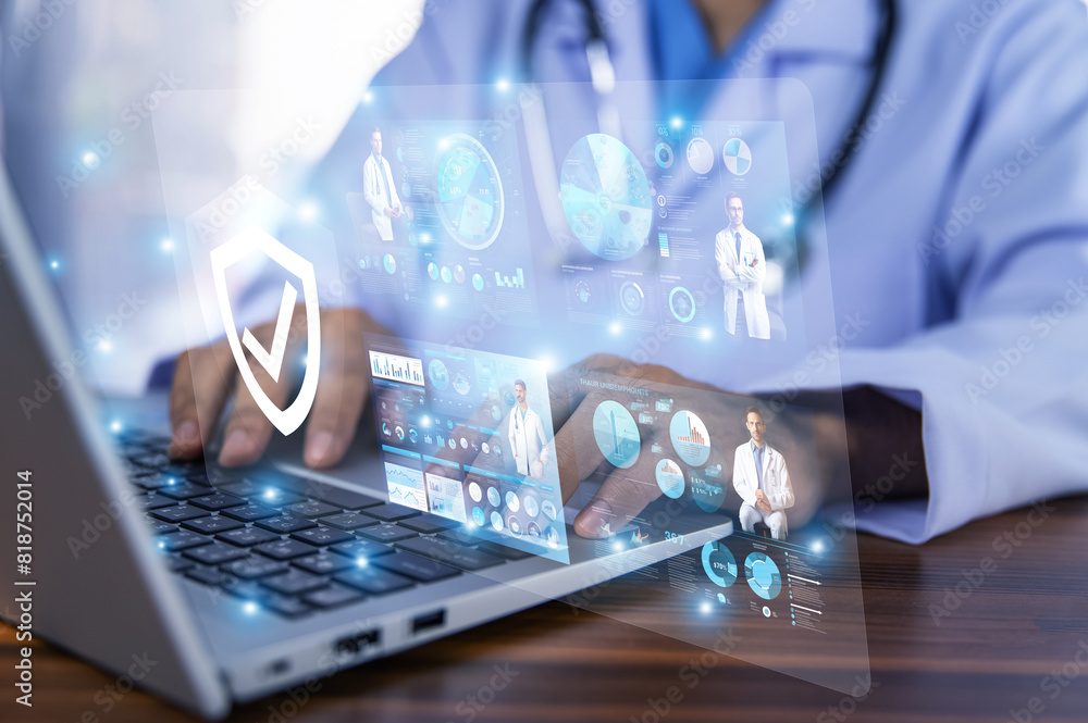 Doctors efficiently assess patient health by reviewing medical data on the computer, ensuring accurate diagnosis and treatment.