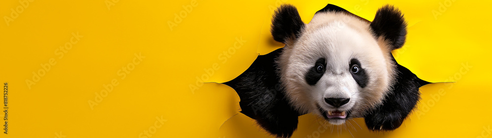Fototapeta premium Adorable panda cub breaking through yellow background. Copy space. Generative AI 
