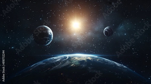 3D rendering, three planets orbiting the sun in space with earth as foreground, with dark background © EnelEva