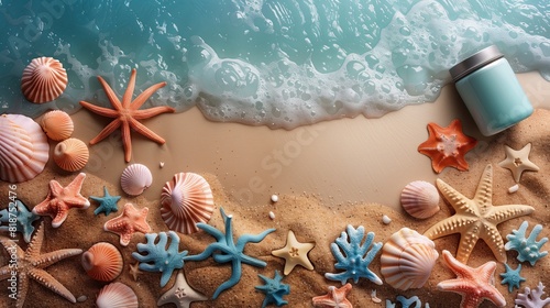  Seashells, starfish, and more, arranged for beachside relaxation in the sand. photo