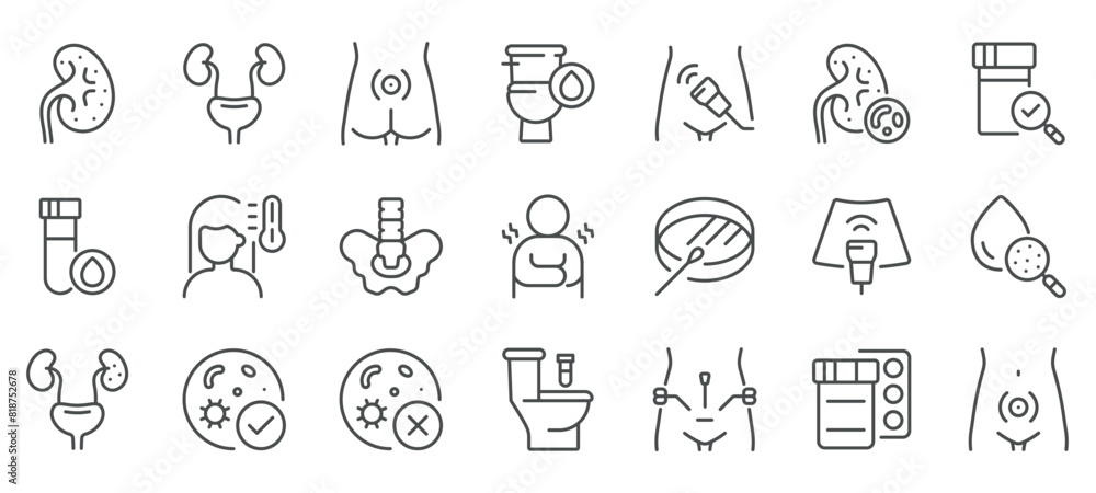 Nephritis Icon Set. Linear Icons of Kidney Inflammation, Symptoms, Diagnostics, and Treatment. Includes Medical Procedures, Conditions, and Medications. Editable Vector Sign Collection. Nephritis Icon Set. Linear Icons of Kidney Inflammation, Symptoms, Diagnostics, and Treatment. Includes Medical Procedures, Conditions, and Medications. Editable Vector Sign Collection.