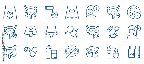 Cystitis Icons Set. Linear Icons of Bladder Inflammation, Symptoms, Diagnostics, Treatment. Includes Medical Procedures, Conditions, and Medications. Editable Vector Sign Collection.