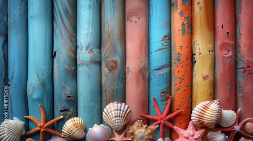 sea accessories beautifully arranged on a colorful wooden floor. photo