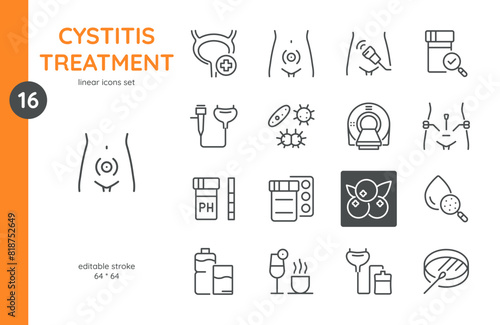 Cystitis Treatment Icon Set. Linear Icons of Treatments for Bladder Inflammation. Includes Medications, Procedures, Home and Natural Remedies. Editable Vector Sign Collection.