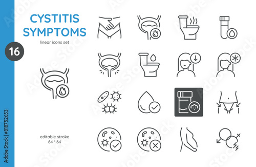 Cystitis Symptoms Icon Set. Linear Icons of Symptoms Associated with Bladder Inflammation. Includes Pain, Frequent Urination, Cloudy Urine, and More. Editable Vector Sign Collection.