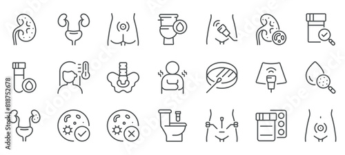 Nephritis Icon Set. Linear Icons of Kidney Inflammation  Symptoms  Diagnostics  and Treatment. Includes Medical Procedures  Conditions  and Medications. Editable Vector Sign Collection.