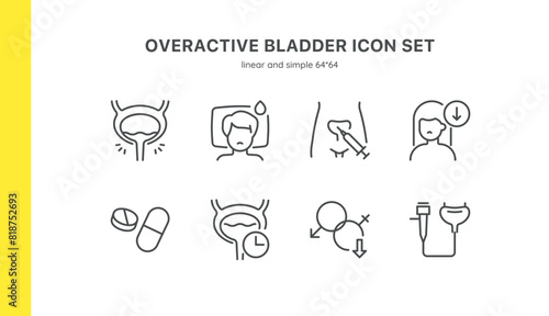 Overactive Bladder Icon Set. Linear Icons of Bladder Condition, Symptoms, Diagnostics, and Treatment. Includes Frequent Urination, Medications, and Injections. Editable Vector Sign Collection.