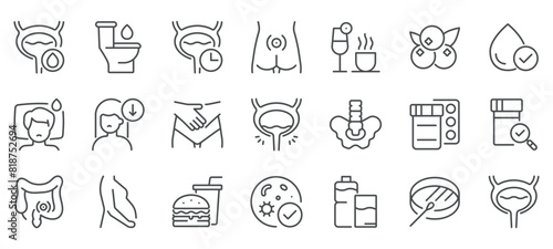 Urinary Incontinence Icon Set. Linear Icons of Bladder Control Issues, Bladder Leakage Symptoms, Diagnostics and Urine Lab Tests. Includes Frequent Urination, Irritants, and Injections. 