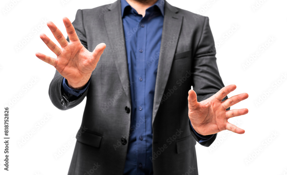 Businessman with outstretched hands, partial torso visible, isolated on white background, concept of presentation or offer Businessman with outstretched hands, partial torso visible, isolated on white background, concept of presentation or offer