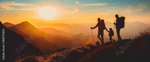 A family of three is hiking up a mountain with a beautiful sunset in the background. The man and woman are carrying backpacks while the child is holding onto their hand