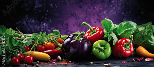 The copy space image depicts a vegetarian concept with a background consisting of organic peppers and eggplants