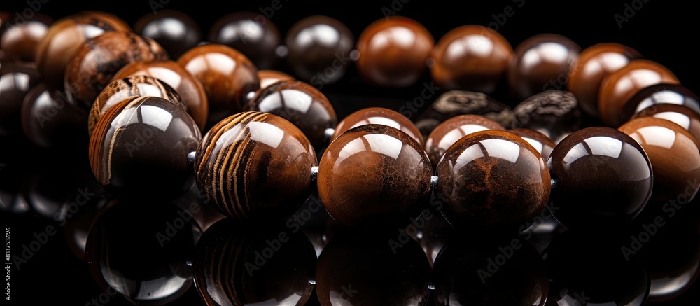 A captivating copy space image featuring brown jasper beads beautifully showcased against a black backdrop A captivating copy space image featuring brown jasper beads beautifully showcased against a black backdrop