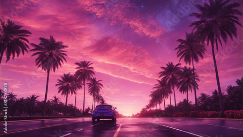 A pink sky at sunset with palm trees on both sides of a road.