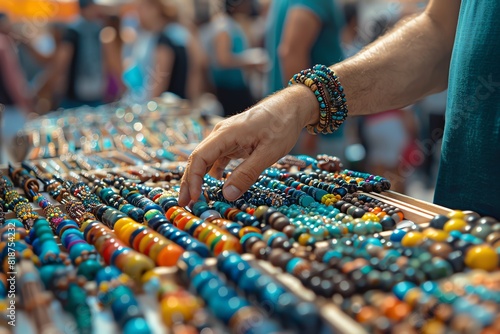 Street vendor selling handmade jewelry at a festival