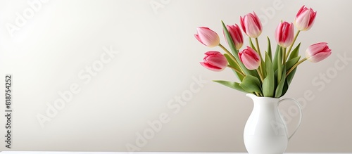 A white vase holds a beautiful bouquet of spring tulips on a white background leaving room for text or images. Creative banner. Copyspace image #818754252