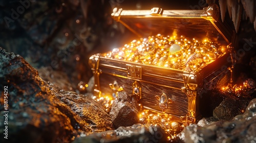 Treasure chest overflowing with jewels and gold in a cave