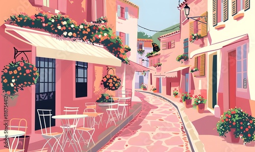 Fototapeta Naklejka Na Ścianę i Meble -  a beautiful illustration of the streets in sunny pink and pastel, Generative AI