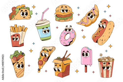 Set of fast food character with face. Vector cartoon pop art hot dog, pizza and french fries. Food and beverage sign for takeaway. Taco roll and donut, ice cream and noodles, croissant. Cafe menu