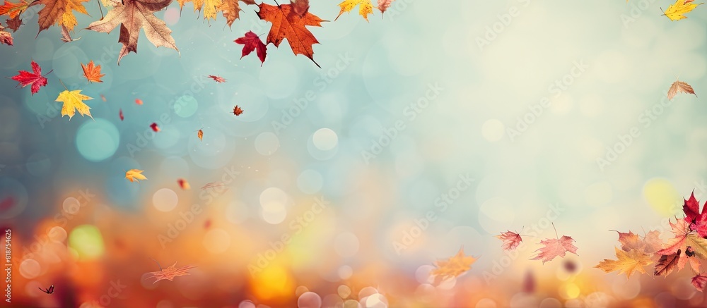 A colorful copy space image of falling leaves in the autumn season A colorful copy space image of falling leaves in the autumn season