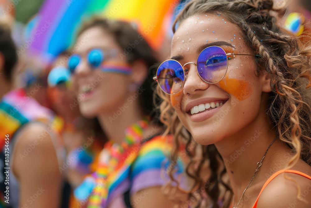 Diverse group at a Pride rally, energetic and passionate, bright colors, candid shot. Diverse group at a Pride rally, energetic and passionate, bright colors, candid shot.