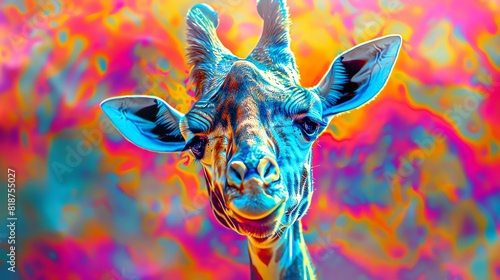 A psychedelic giraffe with vibrant colors and a unique pattern on its fur.