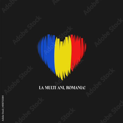 Romania great union day logo icon badge La multi ani, Romania emblem Heart love symbol National colors design style Fashion print for clothes greeting invitation card flyer banner poster cover book ad