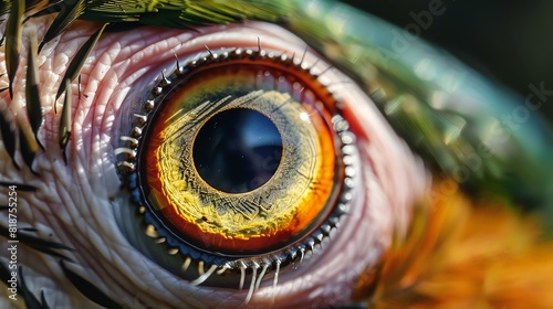 A close-up of a parrot's eye. The eye is a bright yellow color with a black pupil. The feathers around the eye are a light green color.