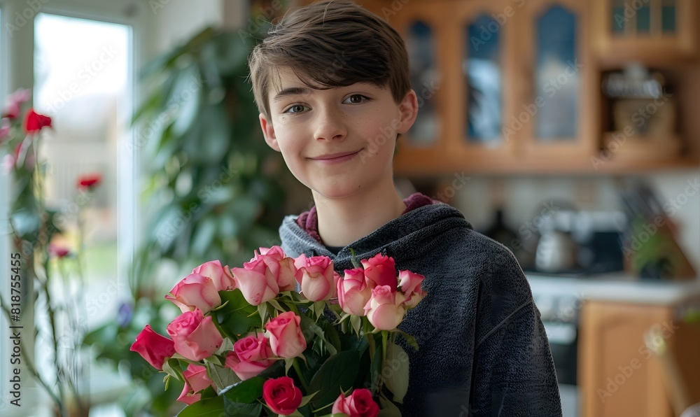 Fototapeta premium boy stood at home clutching a beautiful bouquet of roses, Generative AI