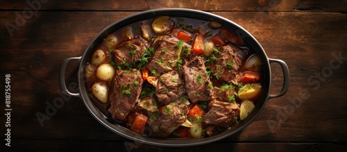 A top down view of a pot roast simmered slowly to perfection with plenty of copy space for presentation