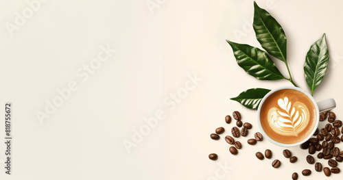 top view of coffee beans and coffee with copy space