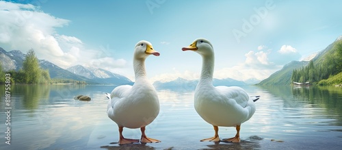 Duck and Goose standing near the tranquil lake with empty space for additional images