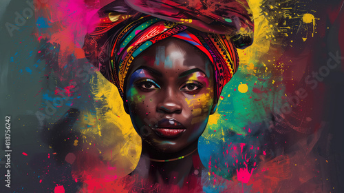 Modern abstract portrait of black woman with colorful turban, The painting is a colorful abstract piece with a lot of brush strokes and splatters of paint. African culture, digital painting