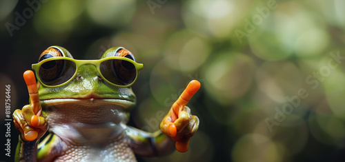 A frog wearing sunglasses. The frog is wearing sunglasses and pointing to the camera, giving the impression that it is giving a thumbs up. a frog looking dumb pointing fingers, wearing sunglasses © Nataliia_Trushchenko
