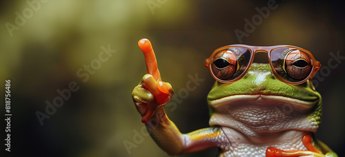 A frog wearing sunglasses. The frog is wearing sunglasses and pointing to the camera  giving the impression that it is giving a thumbs up. a frog looking dumb pointing fingers  wearing sunglasses