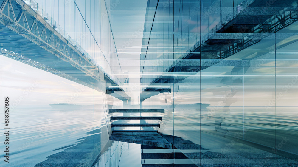 Floating staircase and modern bridge's sleek lines combine in a double exposure. Floating staircase and modern bridge's sleek lines combine in a double exposure.