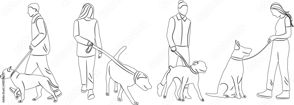 people with dogs on leash sketch on white background vector