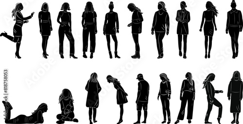 set of female silhouettes on white background vector