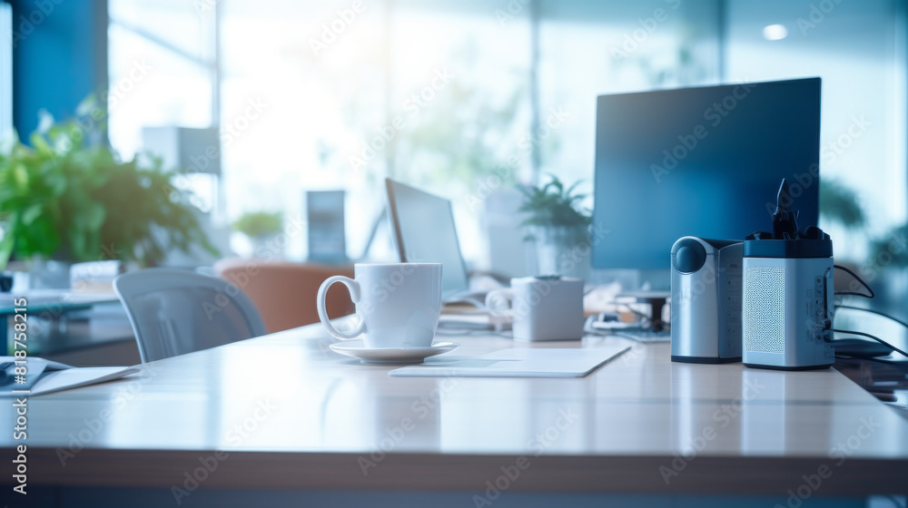 A desk with a white coffee cup and a mug on it. The desk is in a room with a window and a potted plant A desk with a white coffee cup and a mug on it. The desk is in a room with a window and a potted plant