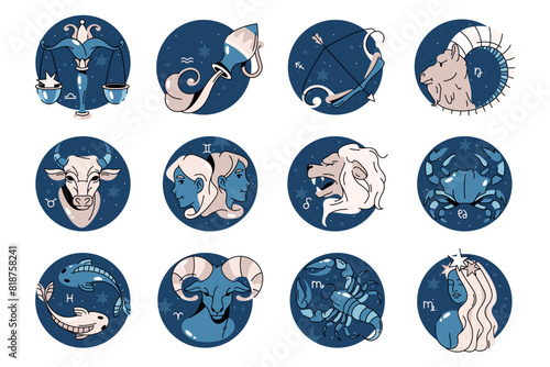 Set of astrology or zodiac sign. Vector horoscope symbol in space. Pisces and libra, aquarius and sagittarius, aries and capricorn, cancer and gemini, scorpio and virgo, taurus and leo. Astronomy