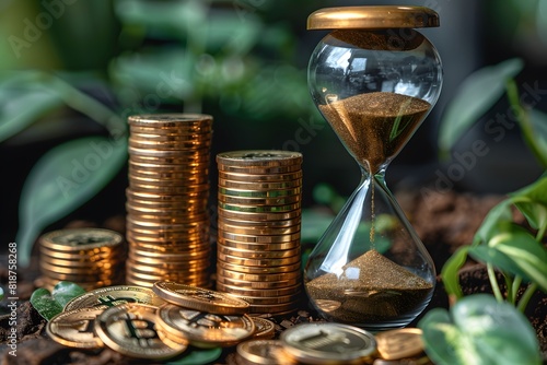 Wealth and Time Concept with Stacked Coins and Hourglass Amidst Lush Greenery - Financial Stability and Growth