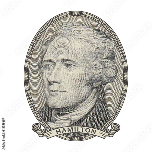 Vector high pixel mosaic portrait of Alexander Hamilton in an oval and with a ribbon. Sticker or badge. White isolated background