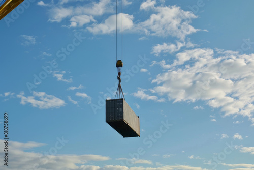 A crane is lifting a large container. The sky is blue and there are clouds in the background