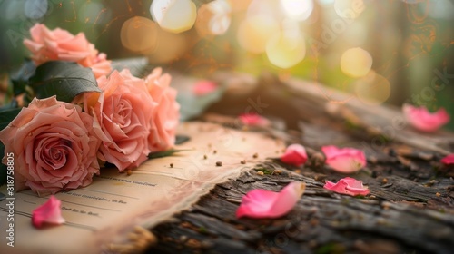 flash flowers, pink roses, wood, rock, romantic