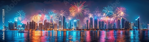 Colorful fireworks display over a city skyline vibrant and celebratory detailed bursts and reflections festive night backdrop