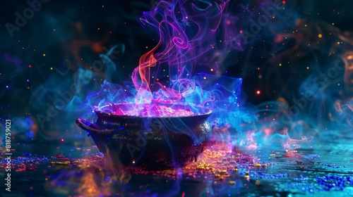 AI witches casting spells, digital cauldron, holographic elements